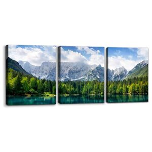 3 Pieces Nature Scenery Wall Art Decor Beautiful Landscape with Turquoise Lake Forest and Mountains Pictures Painting Print on Canvas Modern Artwork Stretched Framed Ready to Hang - 12"x16"x3 Panel