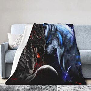 cool dragon and wolf flannel fleece blanket printed ultra-soft warm throw blankets anti-pilling for bed couch sofa travel camping 80″x60″