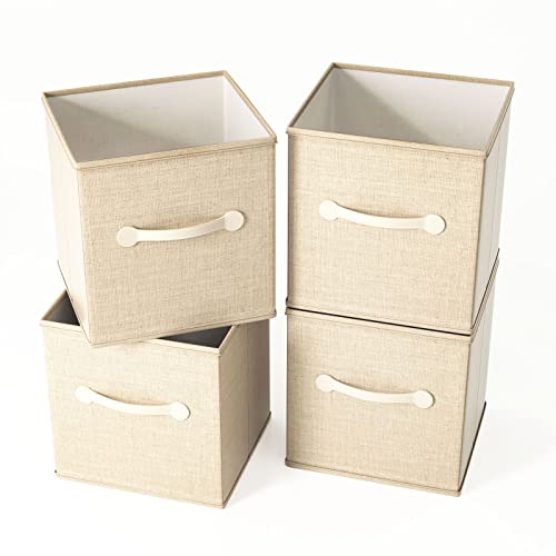 Fabric Storage Cubes, CODCAW Storage Bins with Dual Leather Handles, 4 Pack Cube Foldable Storage Organizer for Shelves, Home, Office, Nursery (Khaki)