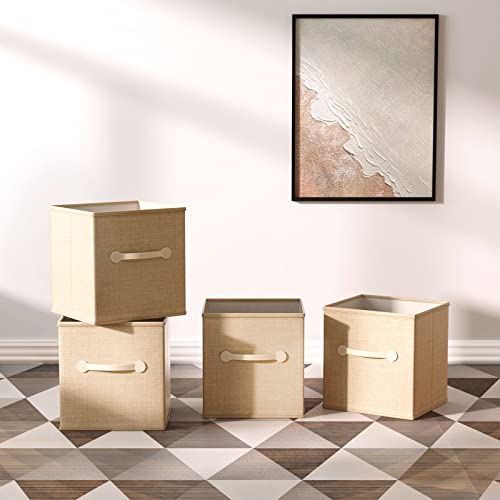 Fabric Storage Cubes, CODCAW Storage Bins with Dual Leather Handles, 4 Pack Cube Foldable Storage Organizer for Shelves, Home, Office, Nursery (Khaki)