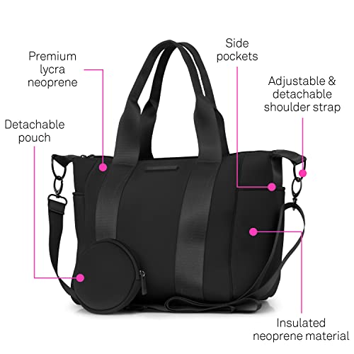 MYTAGALONGS Mini Crossbody Tote Bag For Women - Includes a Detachable Shoulder Strap & a Zippered Pouch l Perfect Mini Tote Bag for Everyday Hustle l Made of Premium Neoprene - Everleigh Onyx