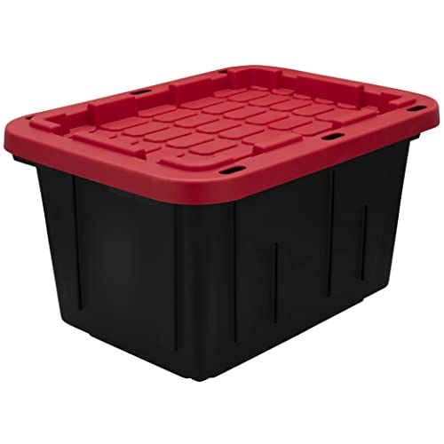 12 Gallon Snap Lid Stackable Plastic Storage Tote. Storage Box Plastic With Lid, Stackable and Nestable, For Clothes, Toys, Books, Snacks, Shoes and Grocery Storage Box, Black Base/Red Lid