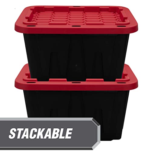 12 Gallon Snap Lid Stackable Plastic Storage Tote. Storage Box Plastic With Lid, Stackable and Nestable, For Clothes, Toys, Books, Snacks, Shoes and Grocery Storage Box, Black Base/Red Lid