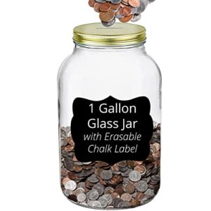 large coin bank jar for adults – giant one gallon glass piggy bank for adults with gold slotted metal lid, clear tip jar for money, coin jar for adults, money jar for adults, raffle ticket holder