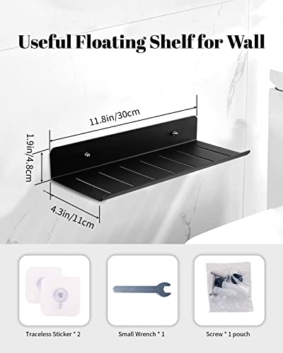 Amythe Floating Wall Shelf, Floating Shelves Wall Mounted for Bathroom/Kitchen/Laundry Room/Over-The-Toilet Storage, No Drilling Rustproof Space Aluminum Bathroom Shelf, Black, 11.8 inches