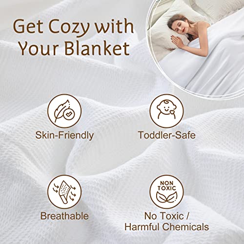 LBRO2M Waffle 100% Cotton Blanket Queen Size (90"x90"，Warm Lightweight Breathable Bed Sofa Couch Throws,Super Soft Knit Weave Travel for All Season,White