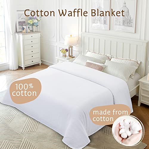 LBRO2M Waffle 100% Cotton Blanket Queen Size (90"x90"，Warm Lightweight Breathable Bed Sofa Couch Throws,Super Soft Knit Weave Travel for All Season,White