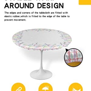 Easter Egg Round Tablecloth Fitted Table Cover,Elastic Tablecloths Waterproof Outdoor Indoor Stretch Cloth Tablecover for Dinner,Colored Egg Spring Holiday Cotton Pink Purple Buffalo Plaid 45-54IN