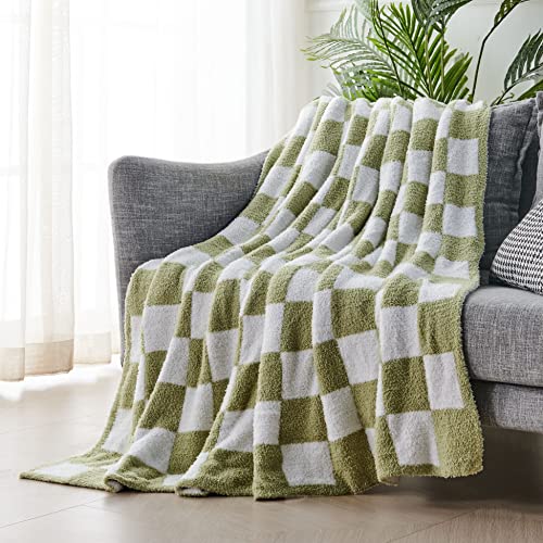 BRICHOEE Throw Blankets Checkered Reversible Microfiber Blankets, Super Soft Warm Cozy Fluffy Blankets for Couch Bed Sofa Camping Travel (Green, 51"x63")