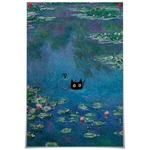 vintage monet canvas wall art famous oil paintings monets water lillies black cat poster funny cat floral print abstract farmhouse gallery aesthetic room decor for bedroom bathroom 12x16in unframed