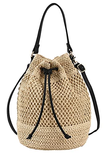 Obosoyo Women Straw Bucket Bags Drawstring Beach Bag Handwoven Crochet Tassel Purse Bohemian Shoulder Handbag