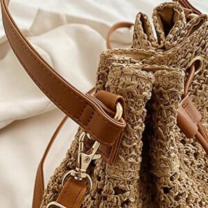 Obosoyo Women Straw Bucket Bags Drawstring Beach Bag Handwoven Crochet Tassel Purse Bohemian Shoulder Handbag