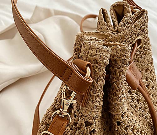 Obosoyo Women Straw Bucket Bags Drawstring Beach Bag Handwoven Crochet Tassel Purse Bohemian Shoulder Handbag