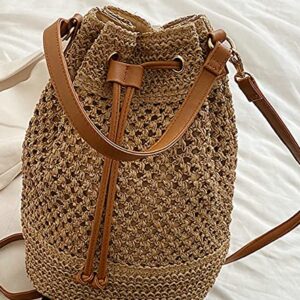 Obosoyo Women Straw Bucket Bags Drawstring Beach Bag Handwoven Crochet Tassel Purse Bohemian Shoulder Handbag