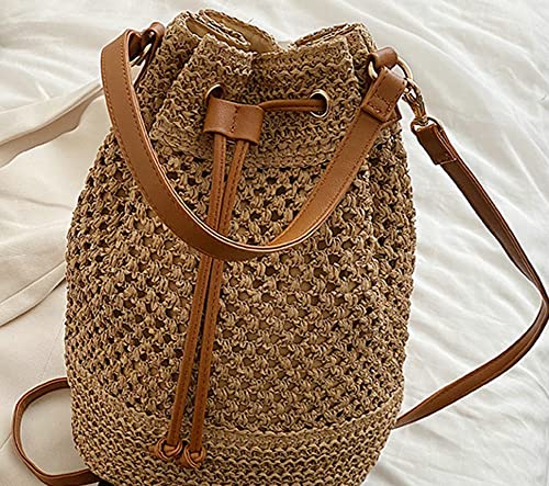 Obosoyo Women Straw Bucket Bags Drawstring Beach Bag Handwoven Crochet Tassel Purse Bohemian Shoulder Handbag