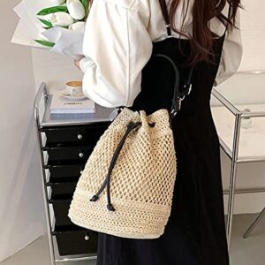 Obosoyo Women Straw Bucket Bags Drawstring Beach Bag Handwoven Crochet Tassel Purse Bohemian Shoulder Handbag