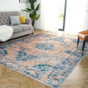 oigae machine washable rug 9×12 for living room, bedroom, office，boho persian aesthetic vintage rug home decor,browm