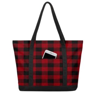 red buffalo plaid canvas totes shoulder bag for women girls, checkered pattern handbag with external pockets daily essentials large top zipper cloth bag