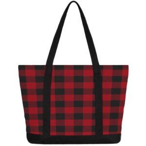 Red Buffalo Plaid Canvas Totes Shoulder Bag for Women Girls, Checkered Pattern Handbag with External Pockets Daily Essentials Large Top Zipper Cloth Bag