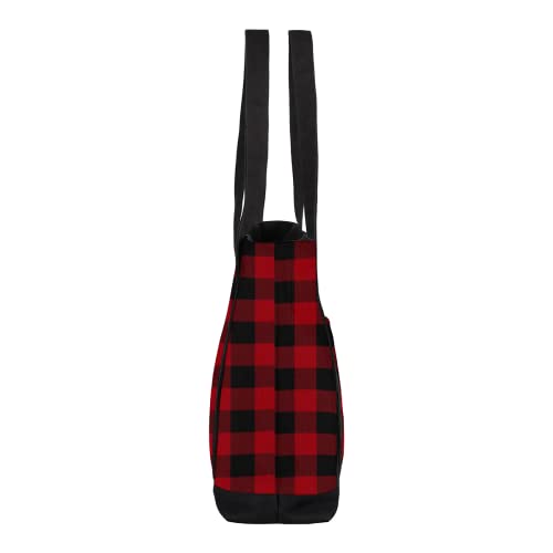 Red Buffalo Plaid Canvas Totes Shoulder Bag for Women Girls, Checkered Pattern Handbag with External Pockets Daily Essentials Large Top Zipper Cloth Bag