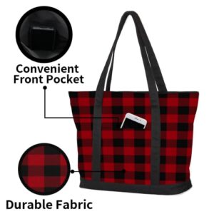 Red Buffalo Plaid Canvas Totes Shoulder Bag for Women Girls, Checkered Pattern Handbag with External Pockets Daily Essentials Large Top Zipper Cloth Bag