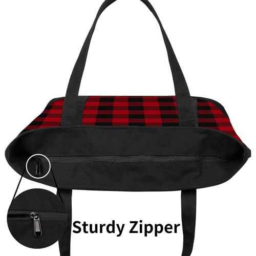 Red Buffalo Plaid Canvas Totes Shoulder Bag for Women Girls, Checkered Pattern Handbag with External Pockets Daily Essentials Large Top Zipper Cloth Bag