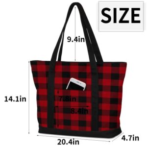 Red Buffalo Plaid Canvas Totes Shoulder Bag for Women Girls, Checkered Pattern Handbag with External Pockets Daily Essentials Large Top Zipper Cloth Bag