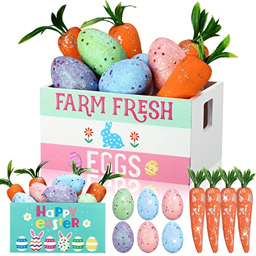 Bucherry Easter Mini Wooden Crate Set Easter Tiered Tray Decor Farm Fresh Eggs Wooden Basket with Easter Eggs and Carrots Easter Table Decor for Spring Kitchen Home Decor (Egg Style)