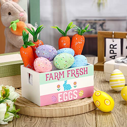 Bucherry Easter Mini Wooden Crate Set Easter Tiered Tray Decor Farm Fresh Eggs Wooden Basket with Easter Eggs and Carrots Easter Table Decor for Spring Kitchen Home Decor (Egg Style)