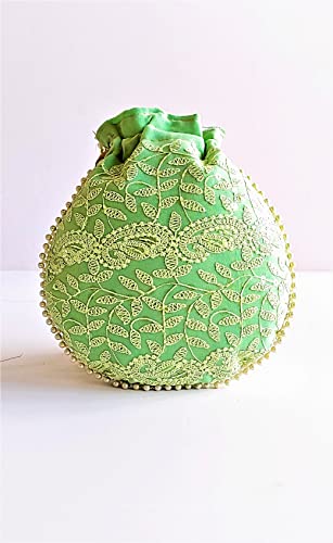 Ethnic Indian Potli Bag For Woman Chikankari Work Embroidered Potli Bag Handbag Elegant Organizer Clutch With Handle Wedding & Evening Party Purse BY PANACHE MERCHANT (Pack Of 5)