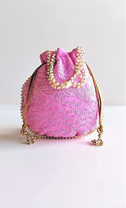 Ethnic Indian Potli Bag For Woman Chikankari Work Embroidered Potli Bag Handbag Elegant Organizer Clutch With Handle Wedding & Evening Party Purse BY PANACHE MERCHANT (Pack Of 5)