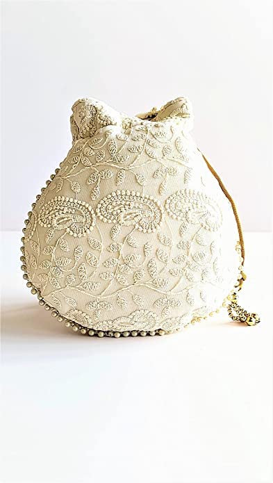 Ethnic Indian Potli Bag For Woman Chikankari Work Embroidered Potli Bag Handbag Elegant Organizer Clutch With Handle Wedding & Evening Party Purse BY PANACHE MERCHANT (Pack Of 5)