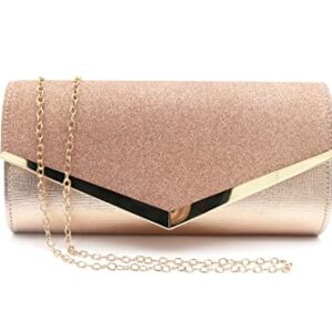 OOTD LAND Classic Women Evening Bags Envelope Clutch Purses with Chain Strap (Rose Gold)