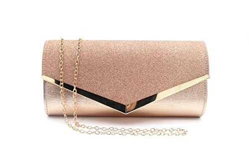 OOTD LAND Classic Women Evening Bags Envelope Clutch Purses with Chain Strap (Rose Gold)