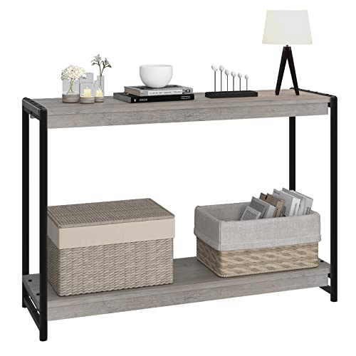 IDEALHOUSE Farmhouse Console Table, 40" Entryway Table with Storage, Slatted Style 2-Tier Sofa Table with Shelf, Grey Console Tables for Entryway, Living Room, Hallway, Foyer-Grey