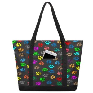 colorful cat dog paw canvas totes shoulder bag for women girls, animal paw print handbag with external pockets daily essentials large top zipper cloth bag