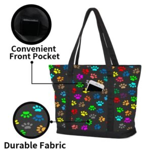 Colorful Cat Dog Paw Canvas Totes Shoulder Bag for Women Girls, Animal Paw Print Handbag with External Pockets Daily Essentials Large Top Zipper Cloth Bag