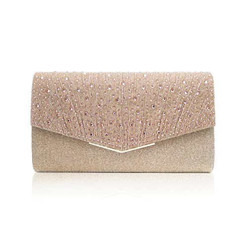 OOTD LAND Womens Evening Bag Glitter Sequins Clutch Purse for Wedding Party Prom Purse with Rhinestone (Champagne-2)