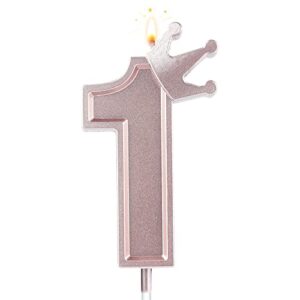 aiex 3inch birthday number candle, 3d candle cake topper with crown cake numeral candles number candles for birthday anniversary parties (rose gold; 1)
