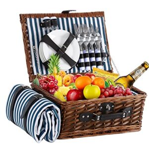 HYBDAMAI Willow Picnic Basket Set for 4 Persons with Waterproof Picnic Blanket, Wicker Picnic Basket for Camping, Outdoors, Valentine's Day, Christmas, Thanksgiving, Birthday