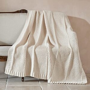 amélie home herringbone chenille knit throw blanket, textured soft warm cable knitted throw blankets, farmhouse rustic cozy knot braided crochet blanket for couch bed, ivory, 50″x 60″