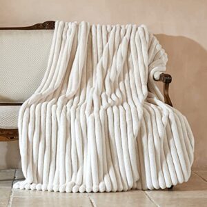 amélie home luxury jacquard stripe faux fur throw blanket, soft and warm thick furry throw blankets in fall winter, woven fluffy plush blanket for sofa couch bed living room, ivory, 50″x 70″