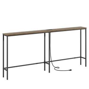 songxin 70.9 inch console table with power outlet,modern narrow long sofa table behind couch,skinny entry table with black metal frame for entryway,living room, hallway,walnut brown