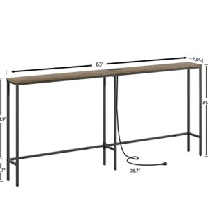 SONGXIN 70.9 Inch Console Table with Power Outlet,Modern Narrow Long Sofa Table Behind Couch,Skinny Entry Table with Black Metal Frame for Entryway,Living Room, Hallway,Walnut Brown