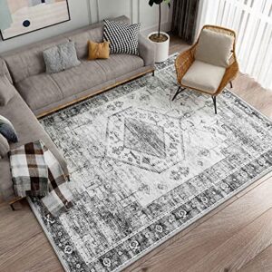 tanvill persian distressed area rug 5×7 machine washable rugs for bedroom, living room, stain resistant, non-slip, non-shedding, grey