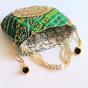 Potli Bag For Woman Ethnic Bandhej Polti Bag, Elegant Evening Wedding Party Purse For Women's BY PANACHE MERCHANT (Green)