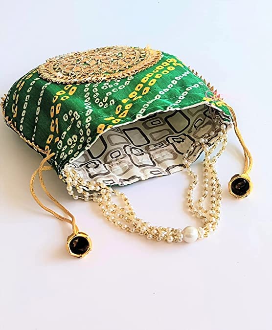 Potli Bag For Woman Ethnic Bandhej Polti Bag, Elegant Evening Wedding Party Purse For Women's BY PANACHE MERCHANT (Green)