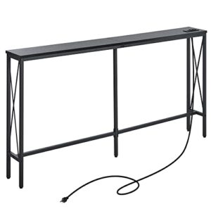 elyken console table with power outlet, 63” narrow sofa table for living room, long slim table with charge station and 6.5’ extension cord, black couch table with metal frame