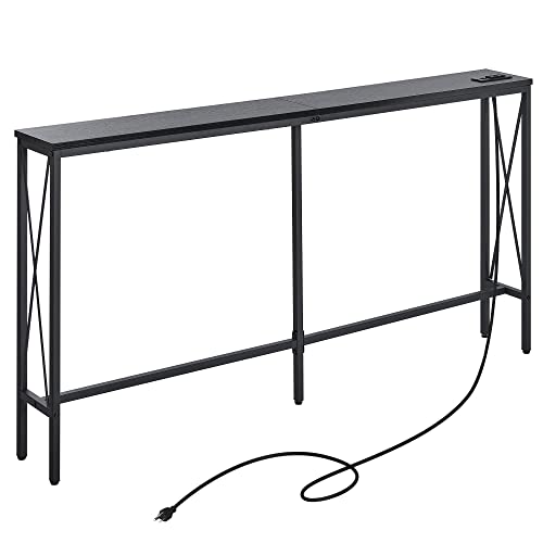 ELYKEN Console Table with Power Outlet, 63” Narrow Sofa Table for Living Room, Long Slim Table with Charge Station and 6.5’ Extension Cord, Black Couch Table with Metal Frame