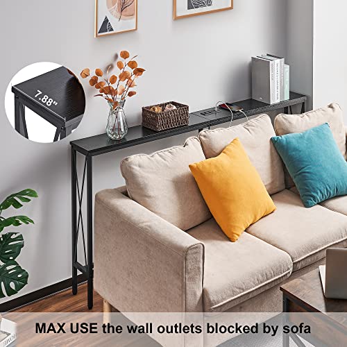 ELYKEN Console Table with Power Outlet, 63” Narrow Sofa Table for Living Room, Long Slim Table with Charge Station and 6.5’ Extension Cord, Black Couch Table with Metal Frame